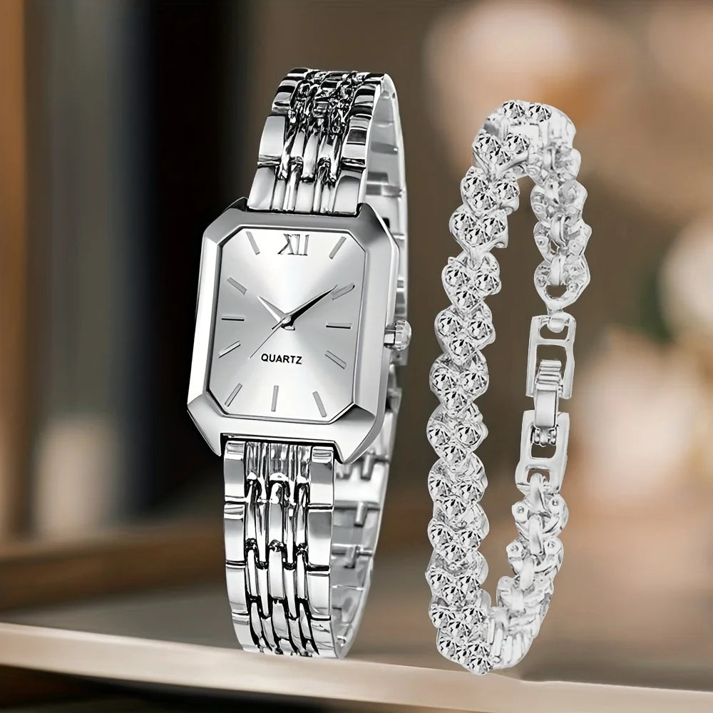 2PCS Fashion Rectangle Women Quartz Watch Rhinestone Bracelet Set Ladies Roma Dial Wristwatch Reloj Mujer Girls Clock Gift