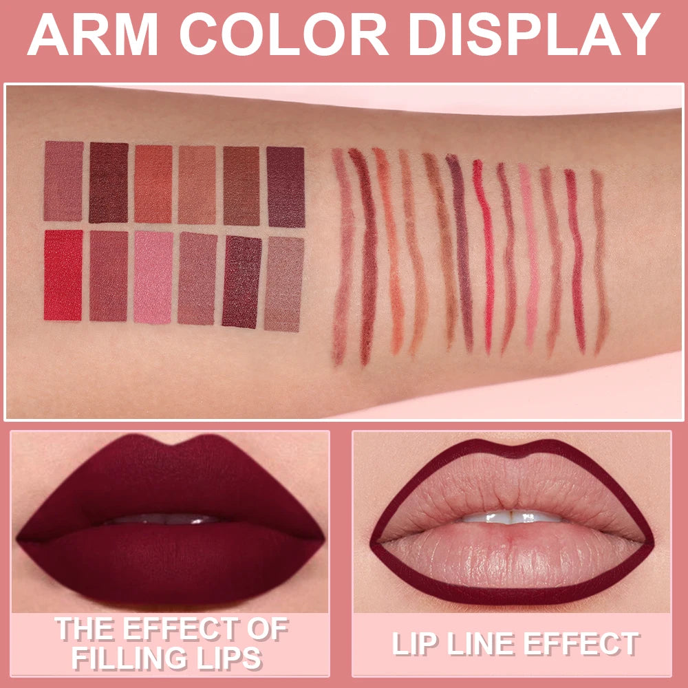 Matte Lip Liner Pencil 6pc/set - Waterproof Non-Stick Cup Lip Contour Liner, High Pigment Nude & Dark Red Lipstick Pen Makeup