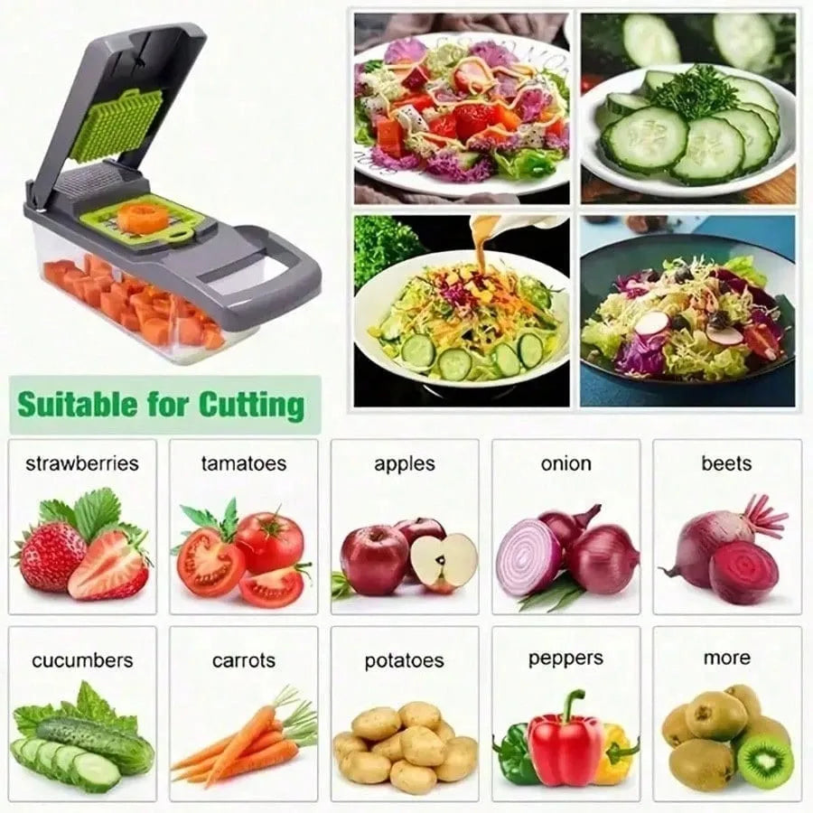 [Vegetable Slicer] 16-In-1 Vegetable Chopper, Professional Onion Chopper, Multi-Functional Food Chopper, Kitchen Vegetable Slicer And Dicer, Vegetable Chopper With 8 Blades, Carrot Chopper With Container Father Gift