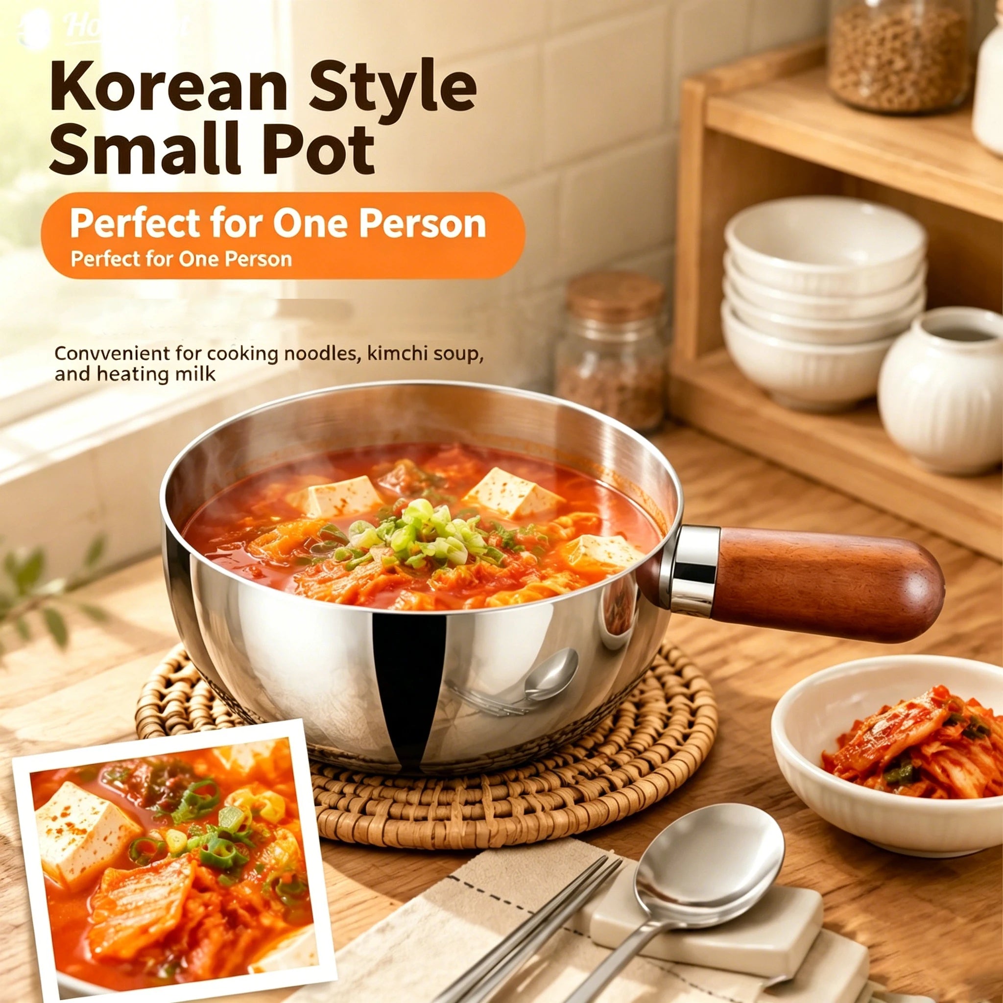 1pc Stainless Steel Pot with Heat-Resistant Wooden Handle - Induction Compatible, Non-Slip Base, Even Heat Distribution Milk Pot