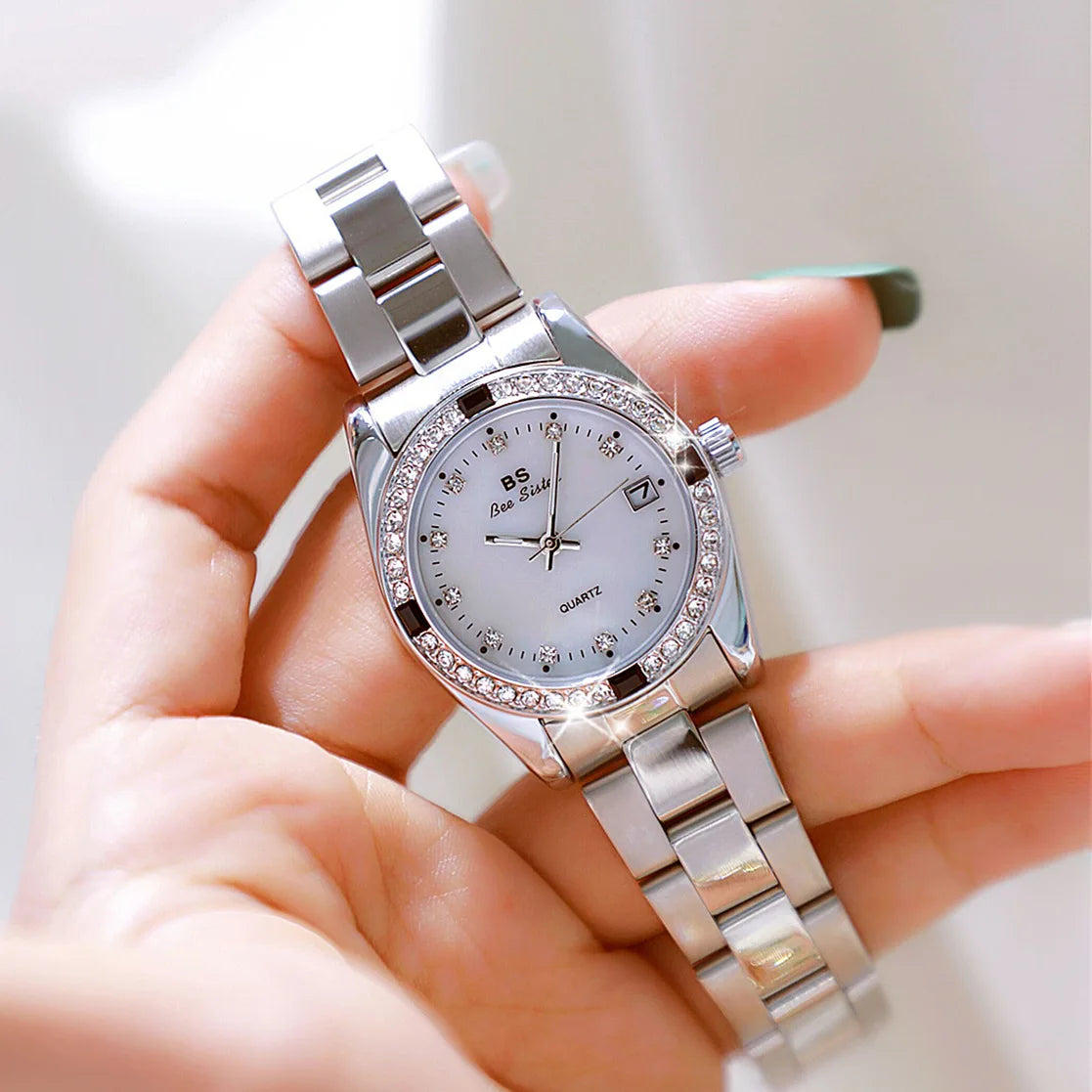 Brand Watch for Women Middle East Luxury Gold Blue Green Rhinestone Waterproof Steel Strap Calendar Quartz Watches with Box