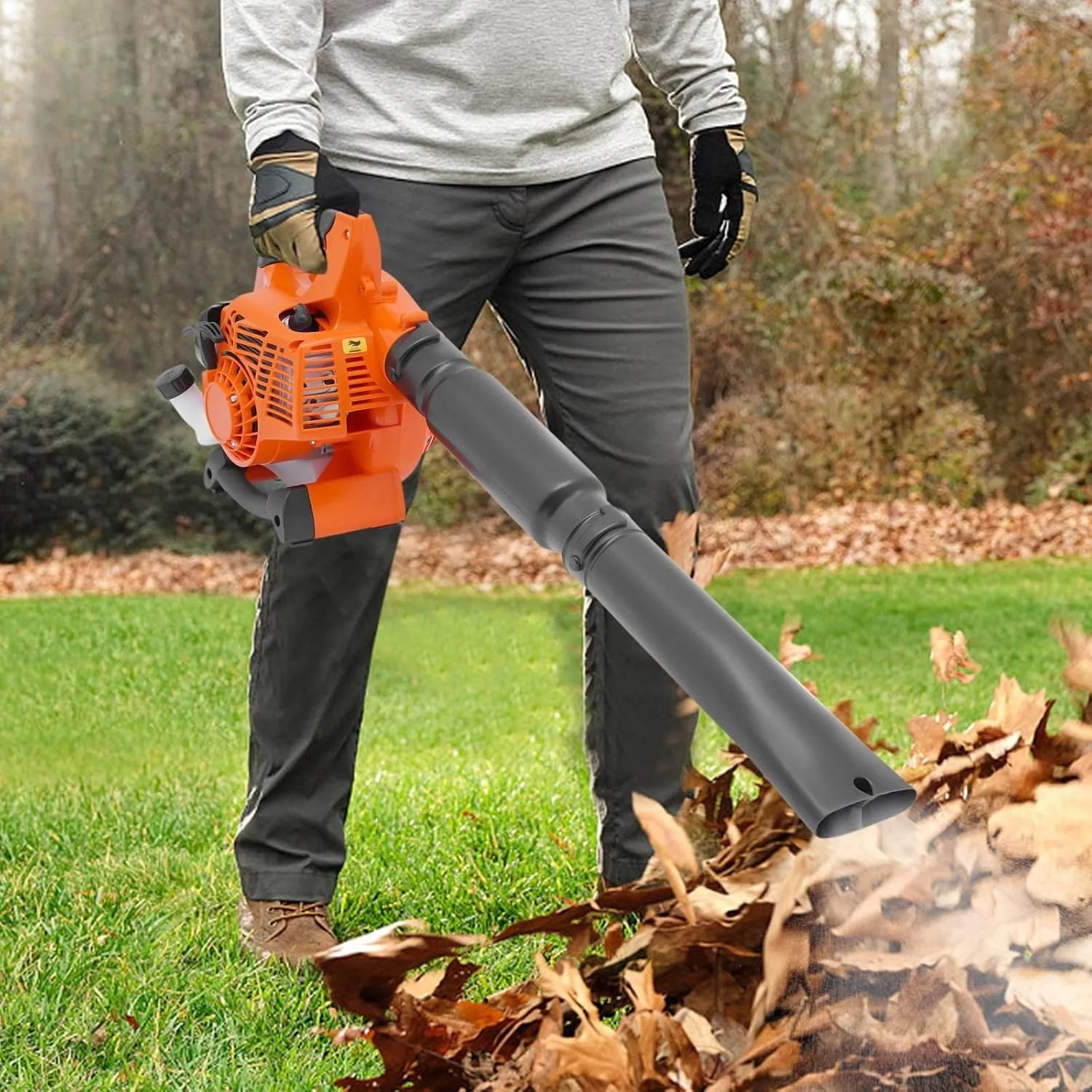 Leaf Blower, 25.4CC 2-Cycle Gas Powered Leaf Blower, Handheld Cordless Blower for Lawn Care with 2 Wind Pipes, Orange