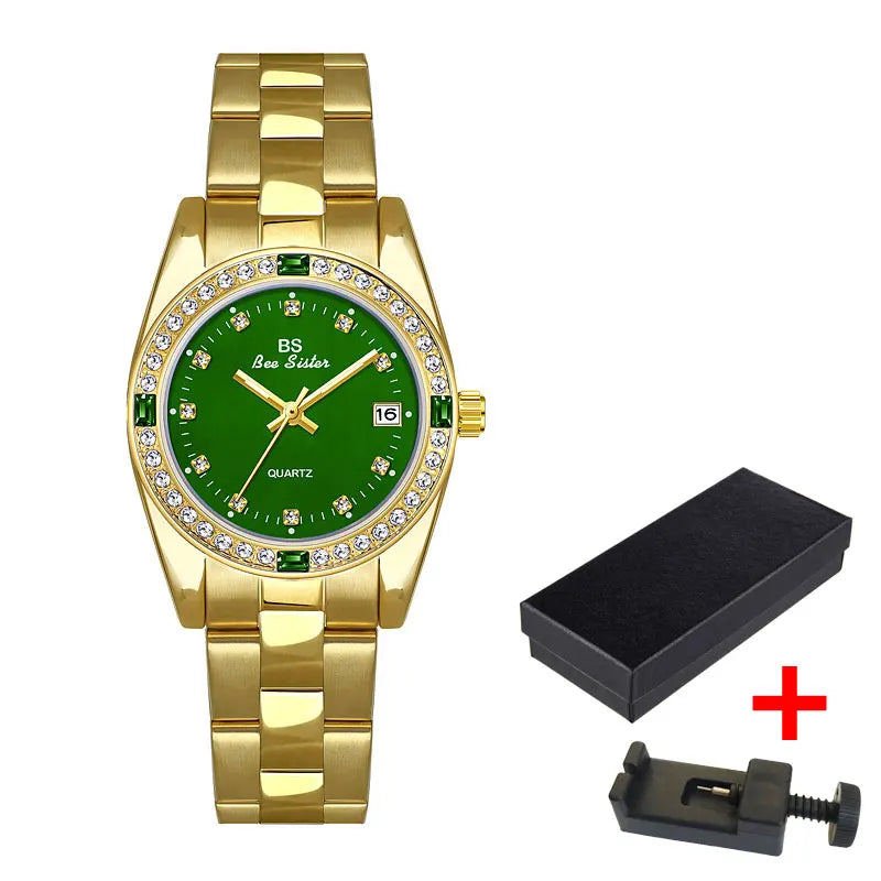 Brand Watch for Women Middle East Luxury Gold Blue Green Rhinestone Waterproof Steel Strap Calendar Quartz Watches with Box
