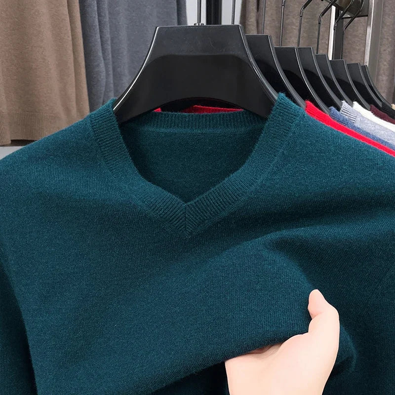 New Sweatwear Men's V Neck Basic Solid Color Sweaters Round Neck Elastic Pullovers Warm Autumn Knitted Oversized Sweater Men
