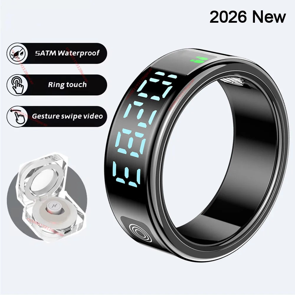 2026 R12 Smart Ring with Display Screen and Touch, Wireless Charging, Health Manager, 5 ATM Waterproof For Men Women Smart Rings
