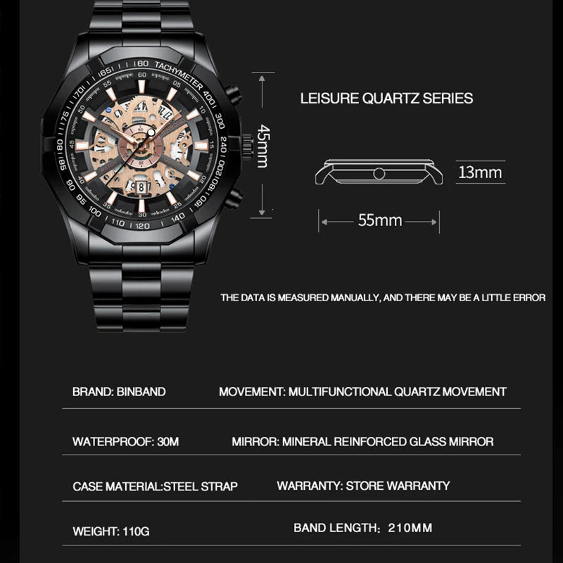 BINBONG Business Men's Watches Waterproof Calendar Luminous Fashion Quartz Watch For Man Stainless Steel Male Clock Reloj Hombre