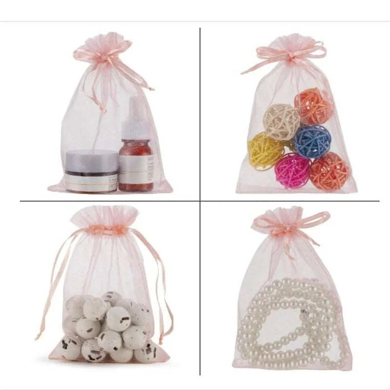 50pcs Pink Organza Drawstring Jewelry Small Bag for Earring Favor Wrapping Packing Pouch Packaging Wedding Businesses Organizer