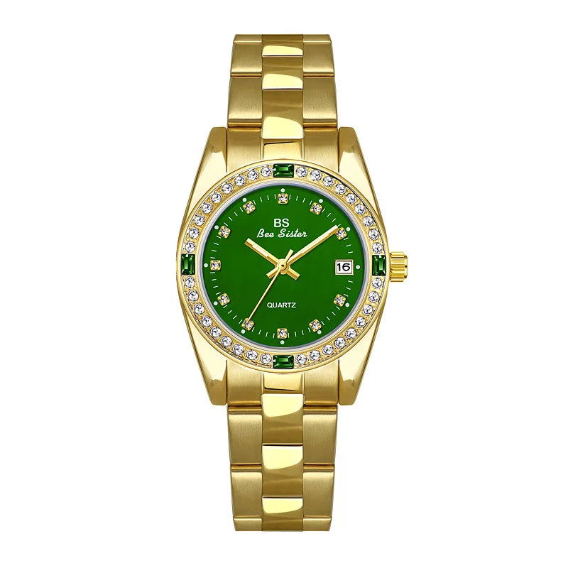 Brand Watch for Women Middle East Luxury Gold Blue Green Rhinestone Waterproof Steel Strap Calendar Quartz Watches with Box