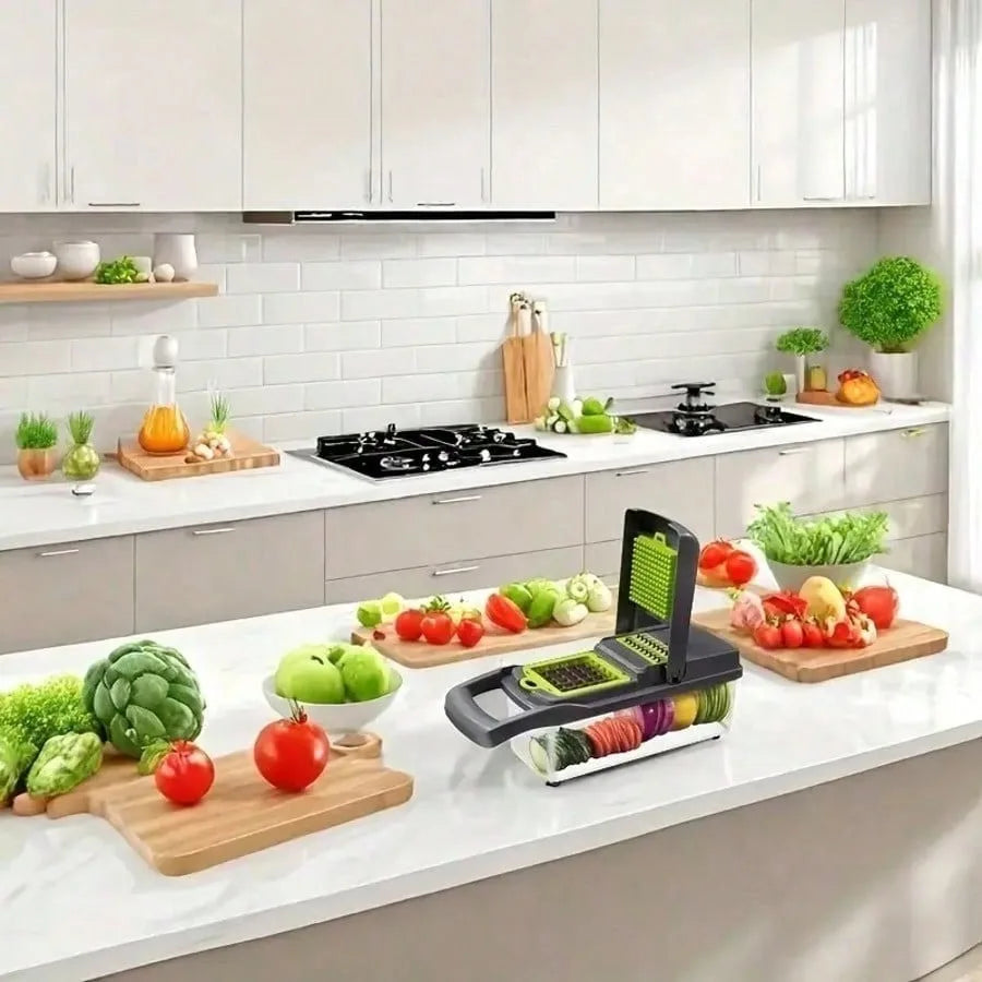 [Vegetable Slicer] 16-In-1 Vegetable Chopper, Professional Onion Chopper, Multi-Functional Food Chopper, Kitchen Vegetable Slicer And Dicer, Vegetable Chopper With 8 Blades, Carrot Chopper With Container Father Gift