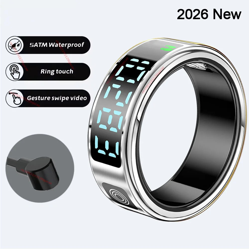 2026 R12 Smart Ring with Display Screen and Touch, Wireless Charging, Health Manager, 5 ATM Waterproof For Men Women Smart Rings
