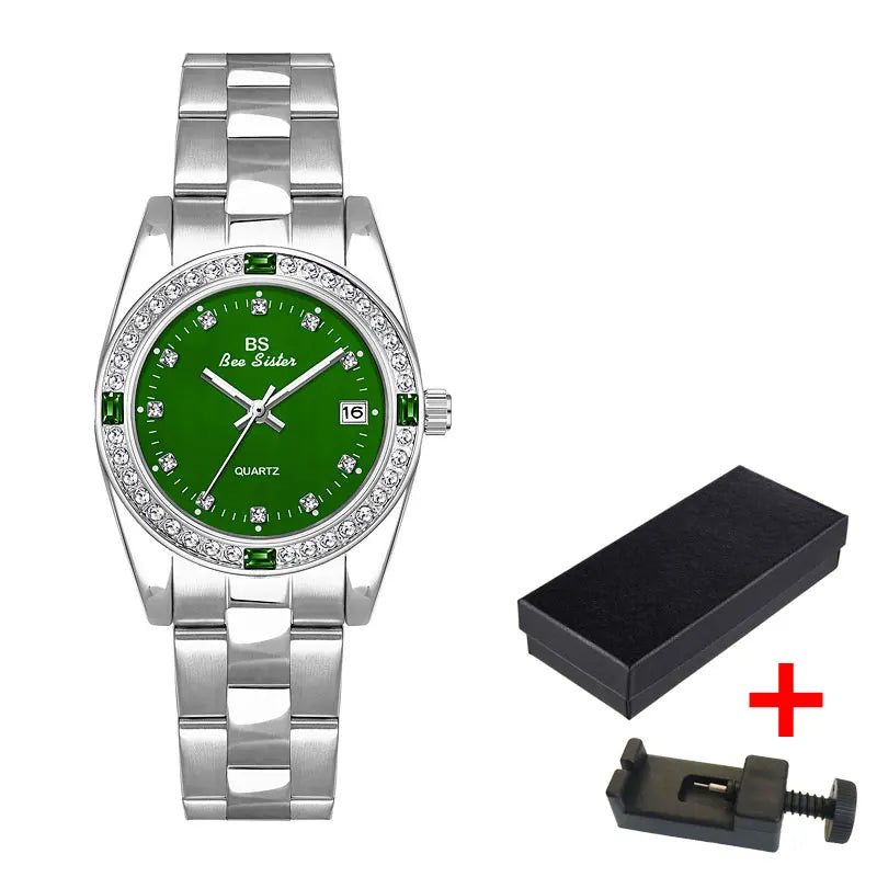 Brand Watch for Women Middle East Luxury Gold Blue Green Rhinestone Waterproof Steel Strap Calendar Quartz Watches with Box