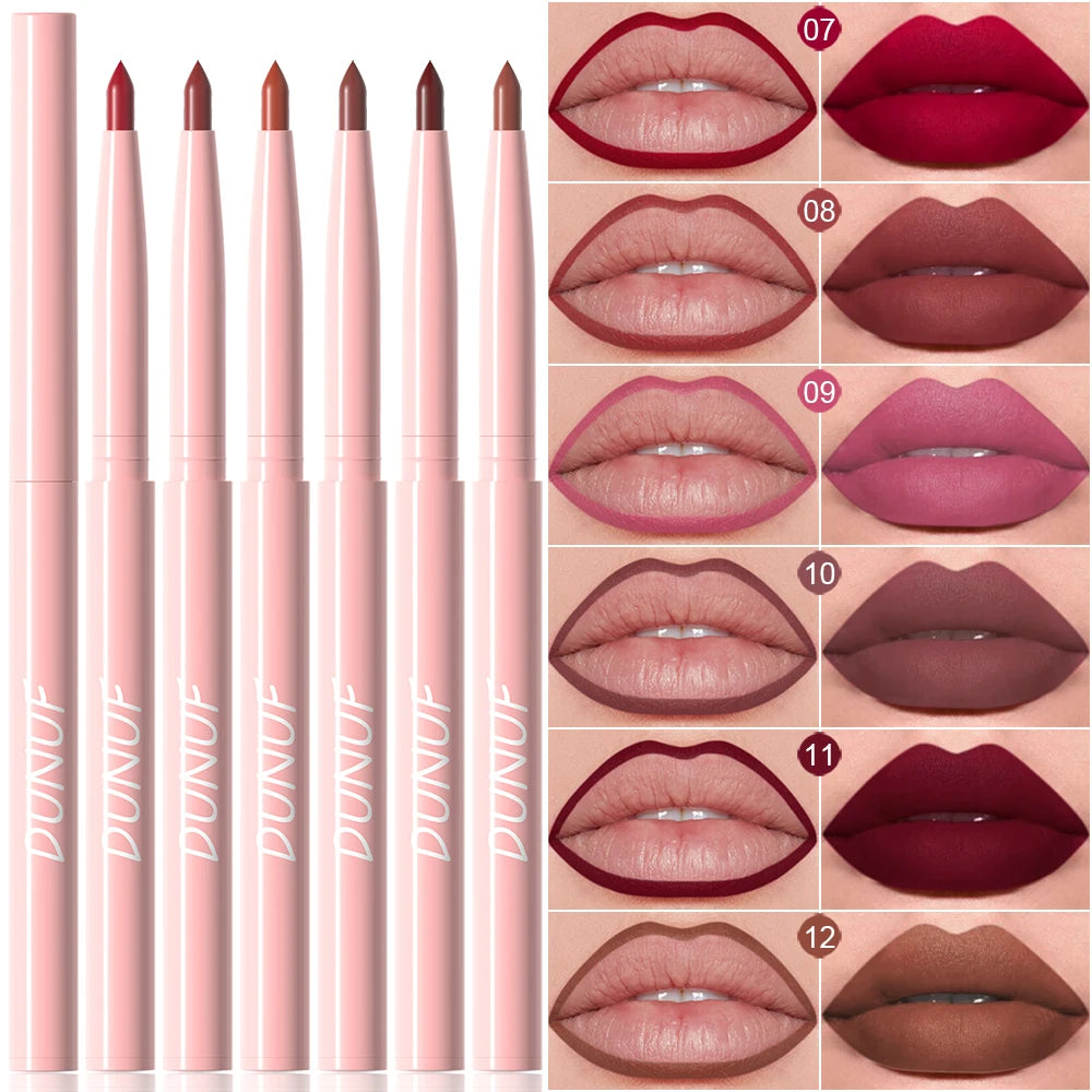 Matte Lip Liner Pencil 6pc/set - Waterproof Non-Stick Cup Lip Contour Liner, High Pigment Nude & Dark Red Lipstick Pen Makeup
