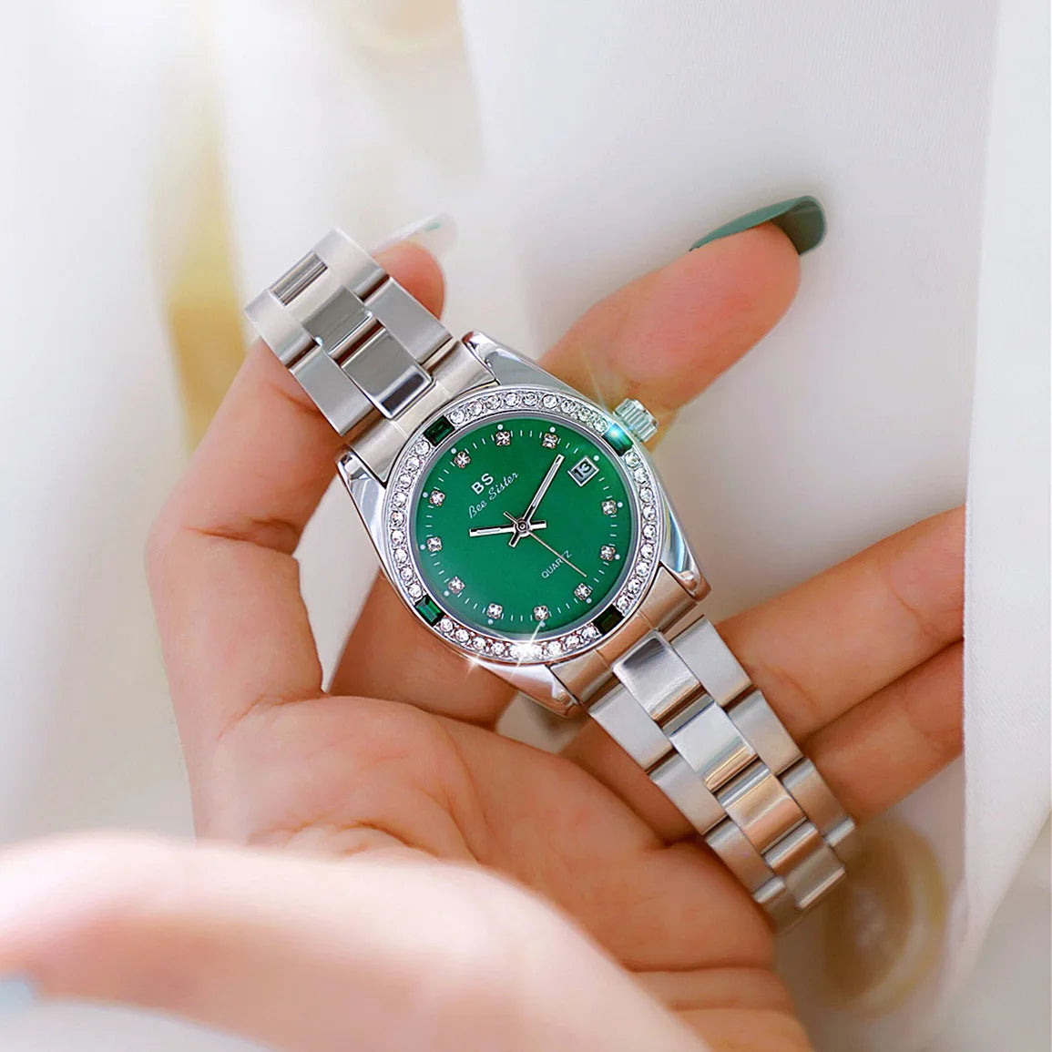 Brand Watch for Women Middle East Luxury Gold Blue Green Rhinestone Waterproof Steel Strap Calendar Quartz Watches with Box