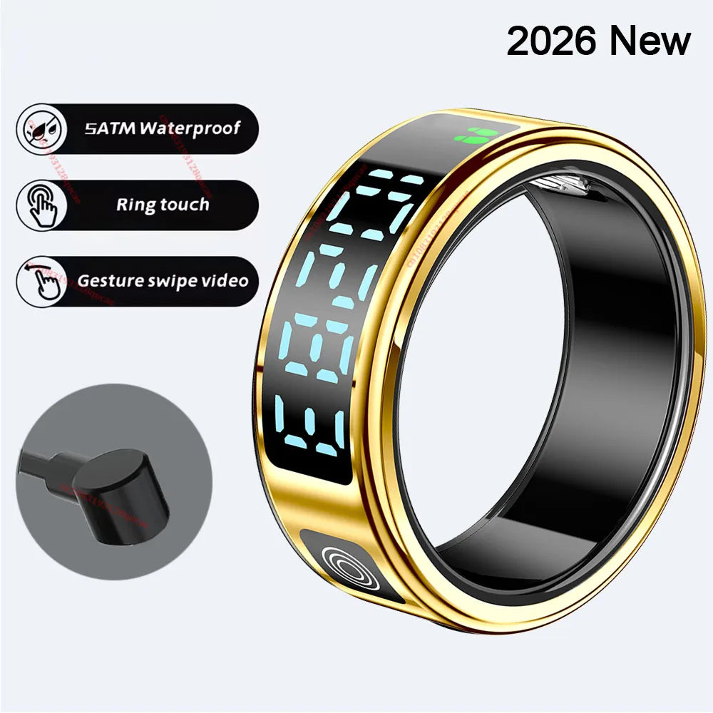 2026 R12 Smart Ring with Display Screen and Touch, Wireless Charging, Health Manager, 5 ATM Waterproof For Men Women Smart Rings