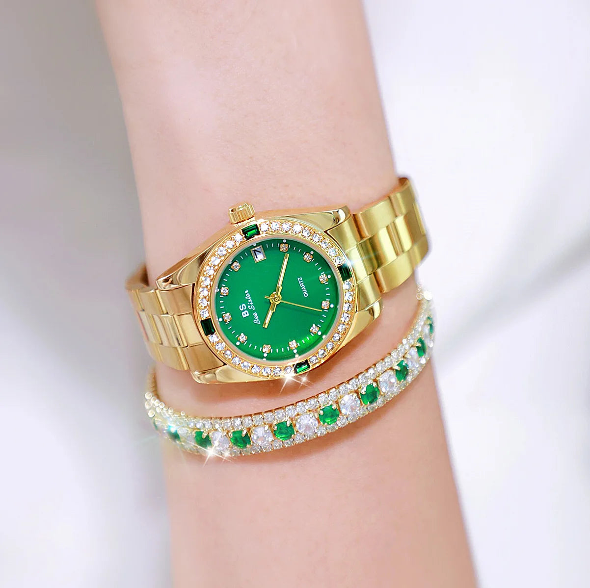 Brand Watch for Women Middle East Luxury Gold Blue Green Rhinestone Waterproof Steel Strap Calendar Quartz Watches with Box