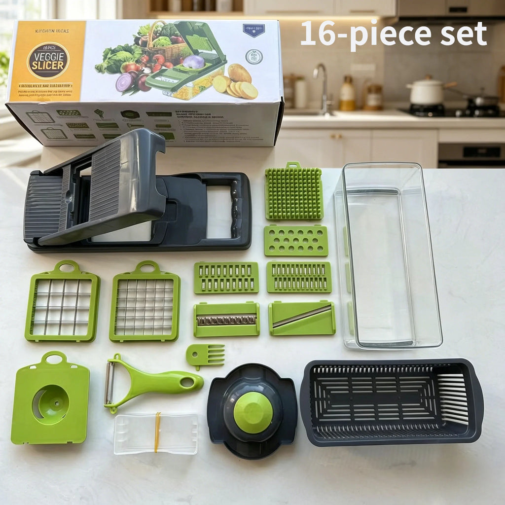 [Vegetable Slicer] 16-In-1 Vegetable Chopper, Professional Onion Chopper, Multi-Functional Food Chopper, Kitchen Vegetable Slicer And Dicer, Vegetable Chopper With 8 Blades, Carrot Chopper With Container Father Gift