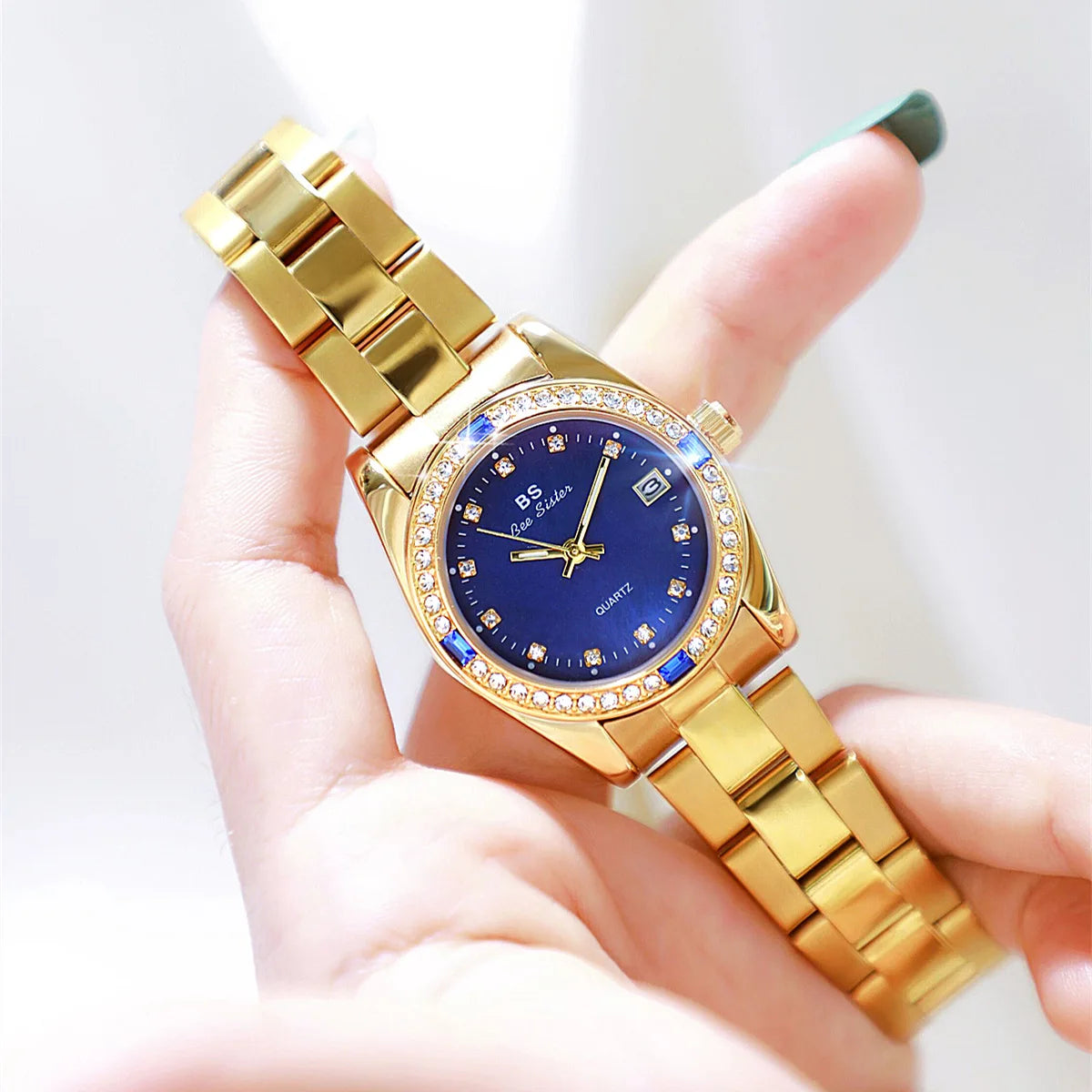 Brand Watch for Women Middle East Luxury Gold Blue Green Rhinestone Waterproof Steel Strap Calendar Quartz Watches with Box