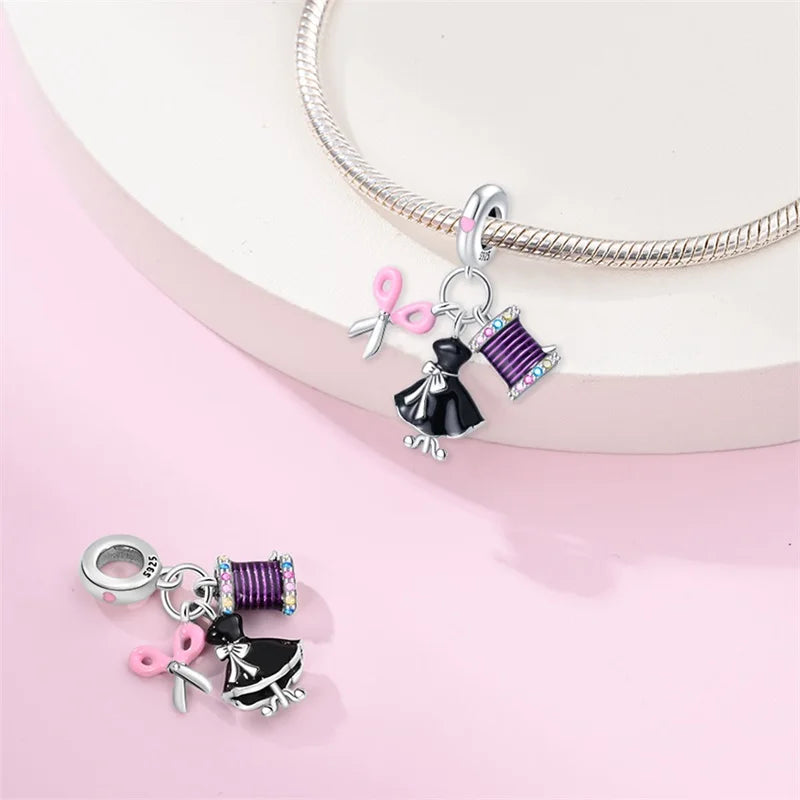 Charm 925 Silver Fit Pandach 925 Original Charms Bracelet Wool Tailor Button Sewing Machine Pendant Beads DIY Jewelry Warm Gift