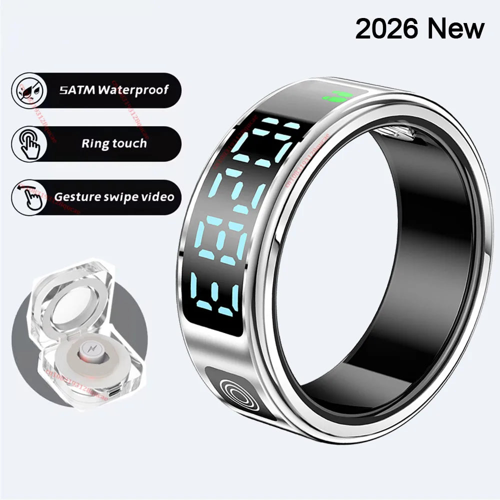2026 R12 Smart Ring with Display Screen and Touch, Wireless Charging, Health Manager, 5 ATM Waterproof For Men Women Smart Rings