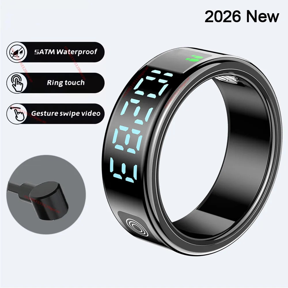 2026 R12 Smart Ring with Display Screen and Touch, Wireless Charging, Health Manager, 5 ATM Waterproof For Men Women Smart Rings