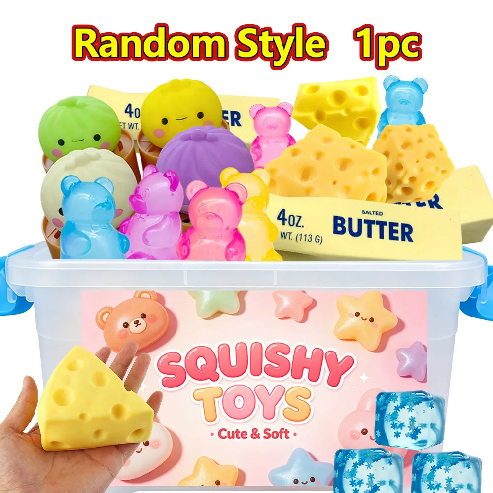 Random Slow Rising Squishy Set, Cheese Bun Dumpling Bread Bear Squeeze Toys, Sensory Stress Relief for Adults