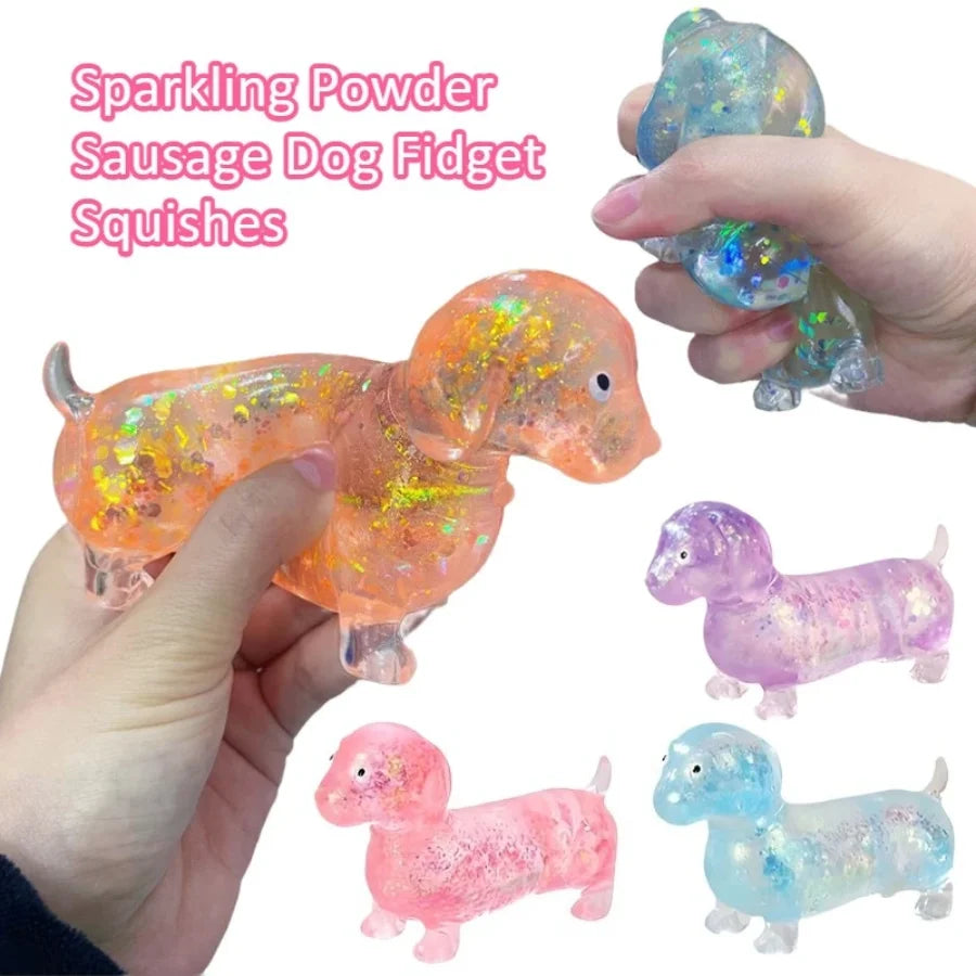 Sparkling powder sausage dog fidgety squashed pinch soft maltose texture pressure relief toy cute puppy slowly rising soft toy