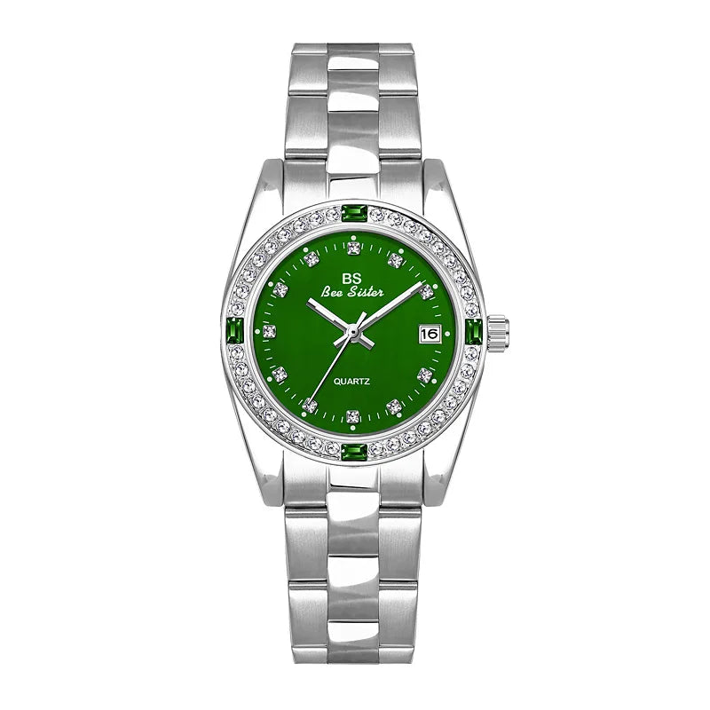 Brand Watch for Women Middle East Luxury Gold Blue Green Rhinestone Waterproof Steel Strap Calendar Quartz Watches with Box