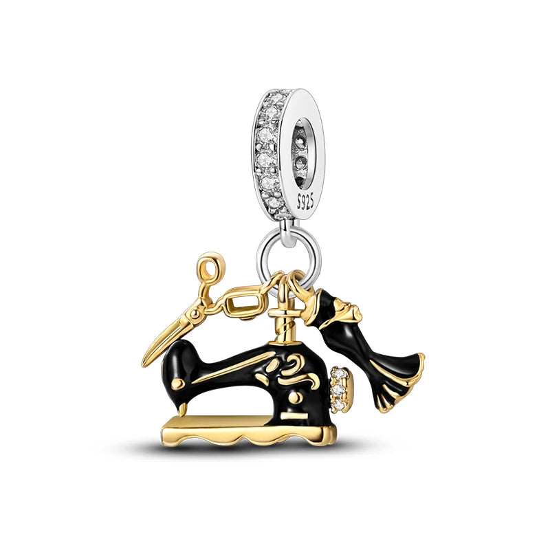 Charm 925 Silver Fit Pandach 925 Original Charms Bracelet Wool Tailor Button Sewing Machine Pendant Beads DIY Jewelry Warm Gift