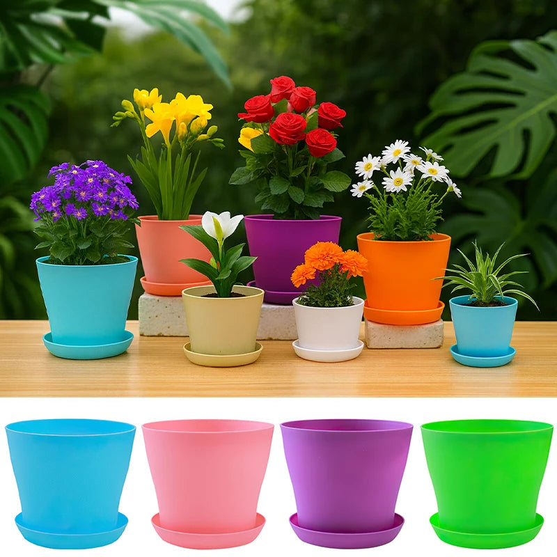 5 Sizes Plastic Flower Planter Pots Round Succulents Plant Pot with Tray Garden Indoor Bonsai Balcony Decor горшок для цветов