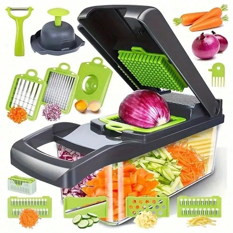 [Vegetable Slicer] 16-In-1 Vegetable Chopper, Professional Onion Chopper, Multi-Functional Food Chopper, Kitchen Vegetable Slicer And Dicer, Vegetable Chopper With 8 Blades, Carrot Chopper With Container Father Gift