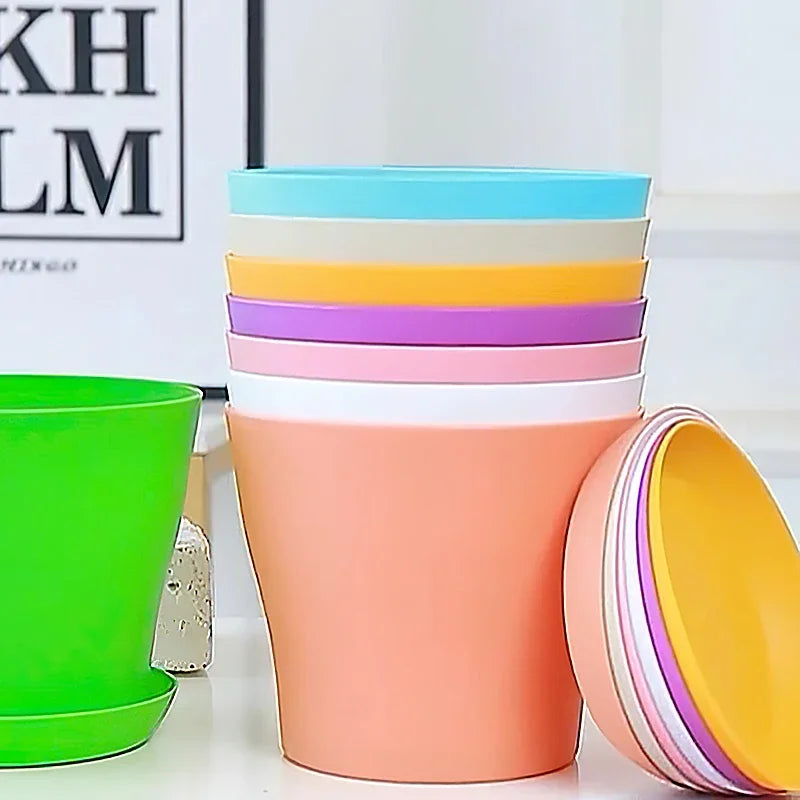 5 Sizes Plastic Flower Planter Pots Round Succulents Plant Pot with Tray Garden Indoor Bonsai Balcony Decor горшок для цветов
