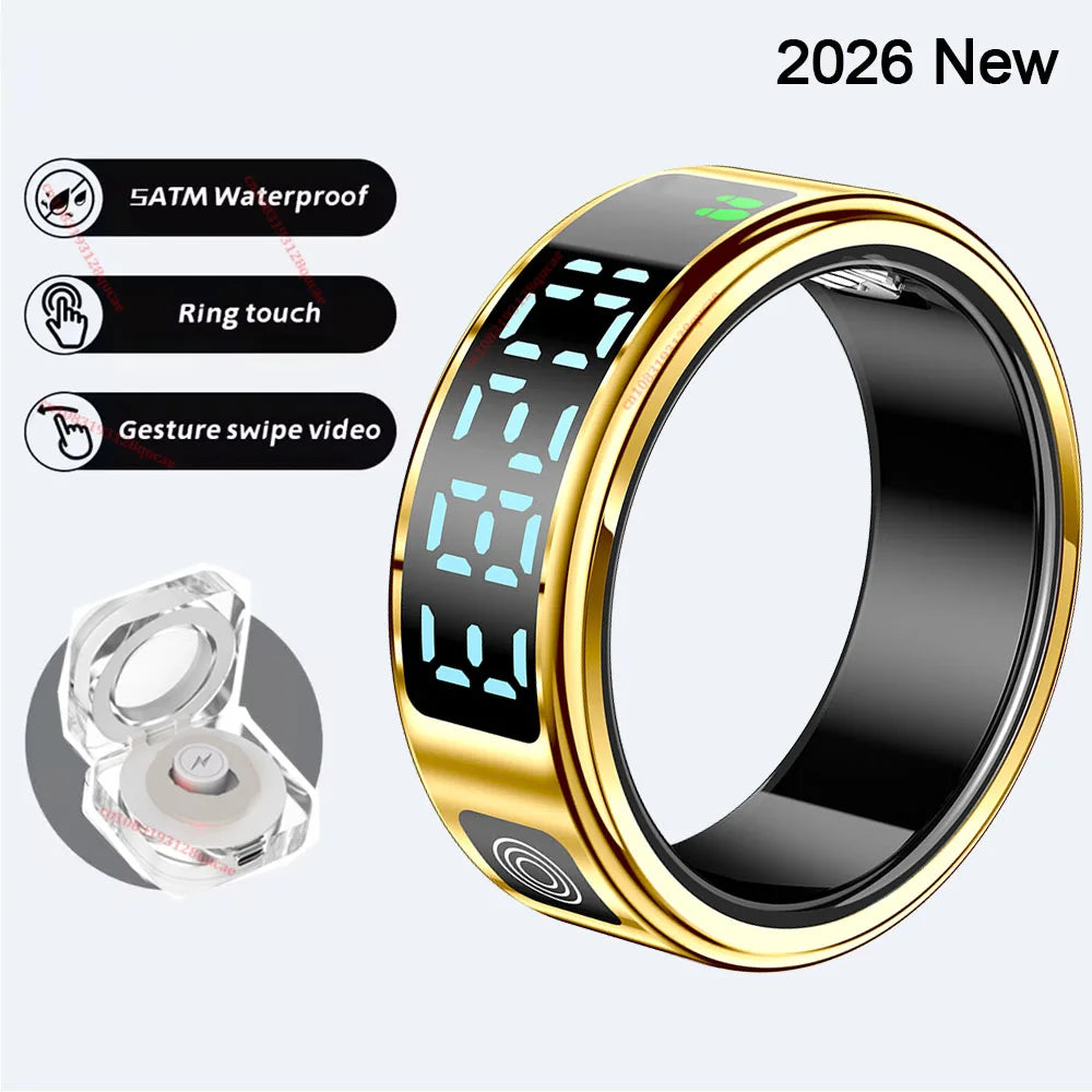 2026 R12 Smart Ring with Display Screen and Touch, Wireless Charging, Health Manager, 5 ATM Waterproof For Men Women Smart Rings