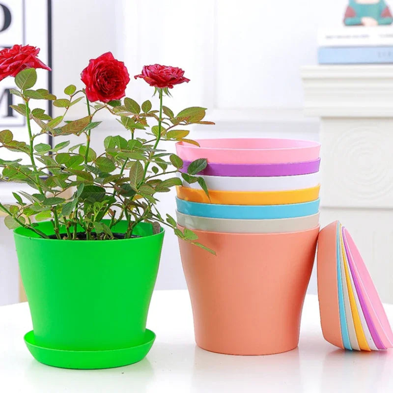 5 Sizes Plastic Flower Planter Pots Round Succulents Plant Pot with Tray Garden Indoor Bonsai Balcony Decor горшок для цветов