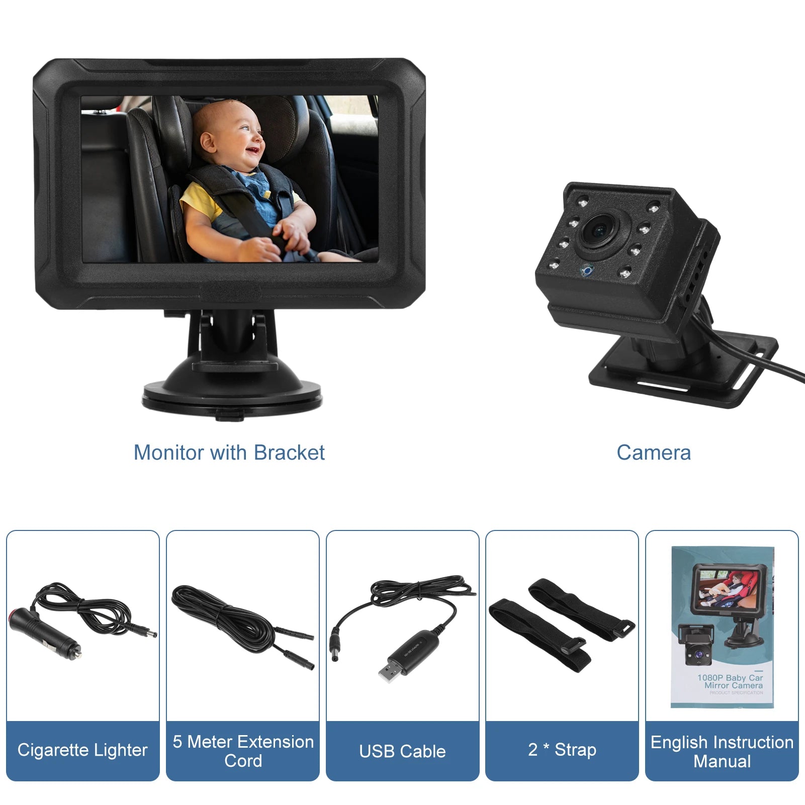 Baby Car Mirror 1080P Baby Monitor with Night Vision 150° Wide View Angle for Infants Kids with Camera USB Plug 4.3" Baby Camera