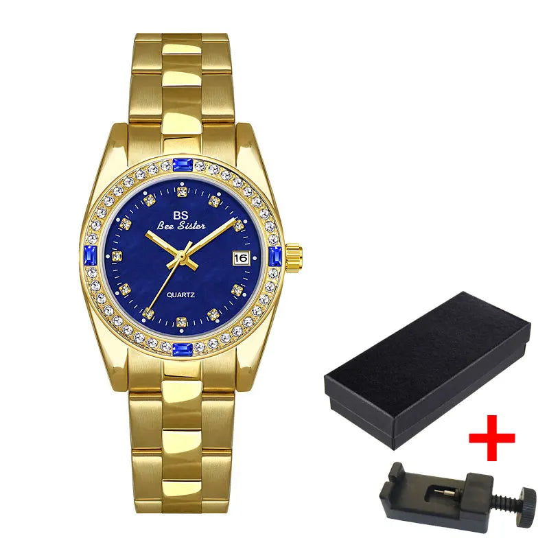 Brand Watch for Women Middle East Luxury Gold Blue Green Rhinestone Waterproof Steel Strap Calendar Quartz Watches with Box