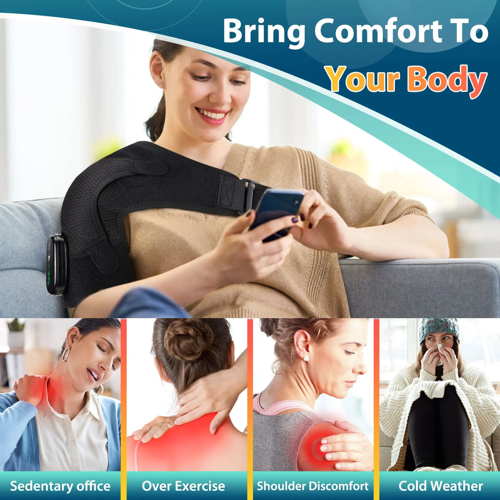 Electric Heating Shoulder Massager Brace Joint Vibration Relief Massage Device LED Smart Controller Adjustable Support Belt