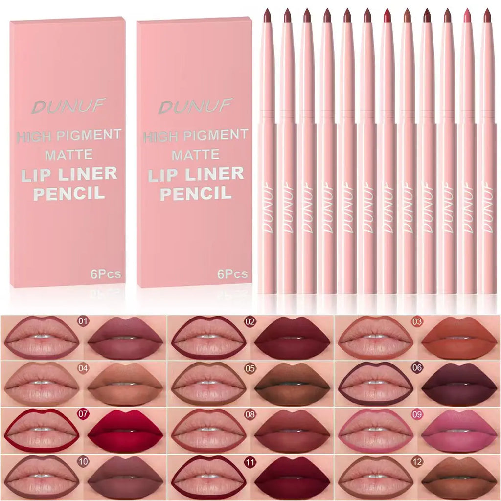 Matte Lip Liner Pencil 6pc/set - Waterproof Non-Stick Cup Lip Contour Liner, High Pigment Nude & Dark Red Lipstick Pen Makeup